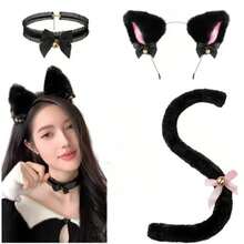 3pcs Festive Plush Cat Ears Set With Collar & Imitation Cat Ear Hair Bands & Furry Tail - Sparkling Headband, Velvet Choker And Fluffy Headband For Various Festival And Party Costume Props, Valentine's Day Cosplay And Nightclub Events And Perfect Gift Idea - Multicolor - View 3