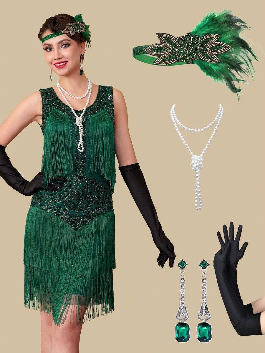 Vestido de fiesta con flecos y decoración de lentejuelas en escote en V, estilo Flapper de los años 20, con set de accesorios - Verde - Ver 1