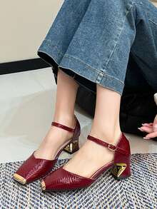 Square Toe Studded Mary Jane Shoes, Versatile Buckle Strap Black High Heels, Fashionable Sexy Slingback Red Patent Leather Chunky Heels For Women - Red - View 13