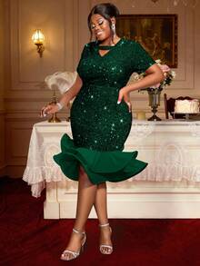 Plus Size Sequin Mermaid Ruffle Hem Gorgeous Festival Party Dress Short Sleeve Wedding Guest Outfits - Màu xanh lá cây đậm - Xem 7