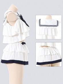 2-Pieces Sweet Women JK Style Uniform Maid Cosplay Costume With Thong Bow V-Neck Babydoll Sexy Lingerie Suits Mini Skirt - 白色 - 查看 4