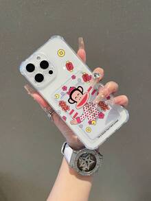 Officially Licensed Paul Frank Transparent Card Holder Phone Case, Full Body Monkey Face Drop Protection With Camera Cover, New Year Monkey Firecracker & Floral Pattern, Compatible With Iphone 13/14/15/16 Pro Max - Multicolor - View 1
