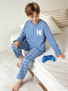 2 件套 Tween Boy 字母印花圆领长袖上衣和格子长裤休闲装，秋季 - 藍色 - 查看 3