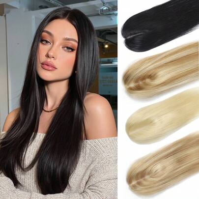 100% Human Hair Topper For Women, 12 Inch 3*5 Inch Silk Base Natural Looking Clip-In Hair Piece To Add Volume