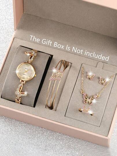 Elegant Butterfly Pendant Necklace, Bracelet, Ring And Earring Set. Luxury Women's Quartz Watch With Sparkling Rhinestones On The Strap. Perfect For Daily Wear Or As A Gift. No Packaging Box Included.