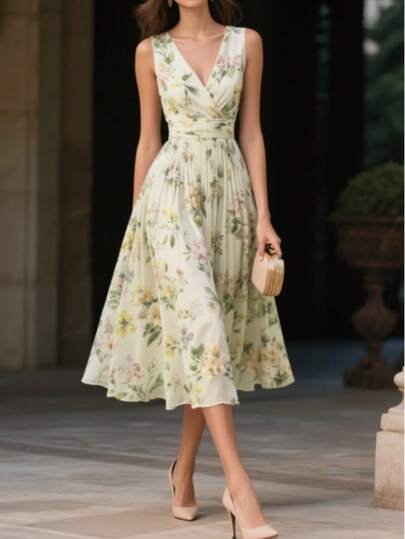 Elegant Sleeveless Floral Chiffon Dress - Romantic V-Neck Cinched Waist Flared Skirt, Spring/Summer