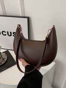 1pc Coffee Brown Crescent-Shaped PU Leather Shoulder Bag, Fashion Simple Solid Color Women Underarm Bag, Autumn/Winter , Old Money - 棕色 - 查看 7