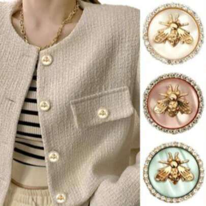 6颗水钻蜜蜂造型纽扣 - 闪亮缝纫纽扣，蜜蜂图案，适用于夹克、外套、包包和DIY服装装饰 - 蜜蜂图案纽扣，是衣服和包包的完美点缀