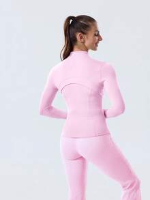 Women Slim Fit Sports BBL Jacket With Thumb Hole Stand Collar Zip Up - Meringue hồng/vàng - Xem 5