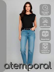 Blusa Feminina Assimétrica Gola Boba Elegante Decote 3 Em 1 | Slim e Plus Size - Preto - Visão 5