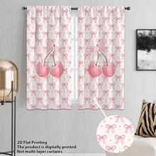 2pcs Watercolor Pink Cherry + Pink Bow Decor Curtain, Sweet Cherry Blossom & Bow Theme, Polyester Fabric, Suitable For Rental House, Living Room, Bedroom, Removable & Washable - Multicolor - View 6