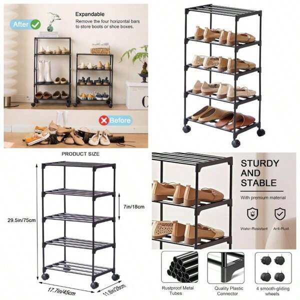 5 - Tier Small Shoe Rack With Wheels, Slide - Out Metal Shoe Racks Storage, Anti - Rust Coating, Stackable Design - 16.9W Entryway, Kitchen, Living Room Office - Black 5 Tier