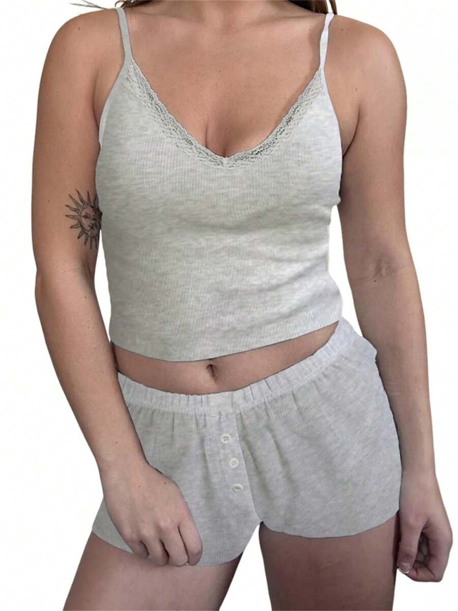 Womens Casual 2 Piece Outfits Sleeveless Lace Trim V Neck Cami Tops + Shorts Set Loungewear - 灰色 - 查看 1
