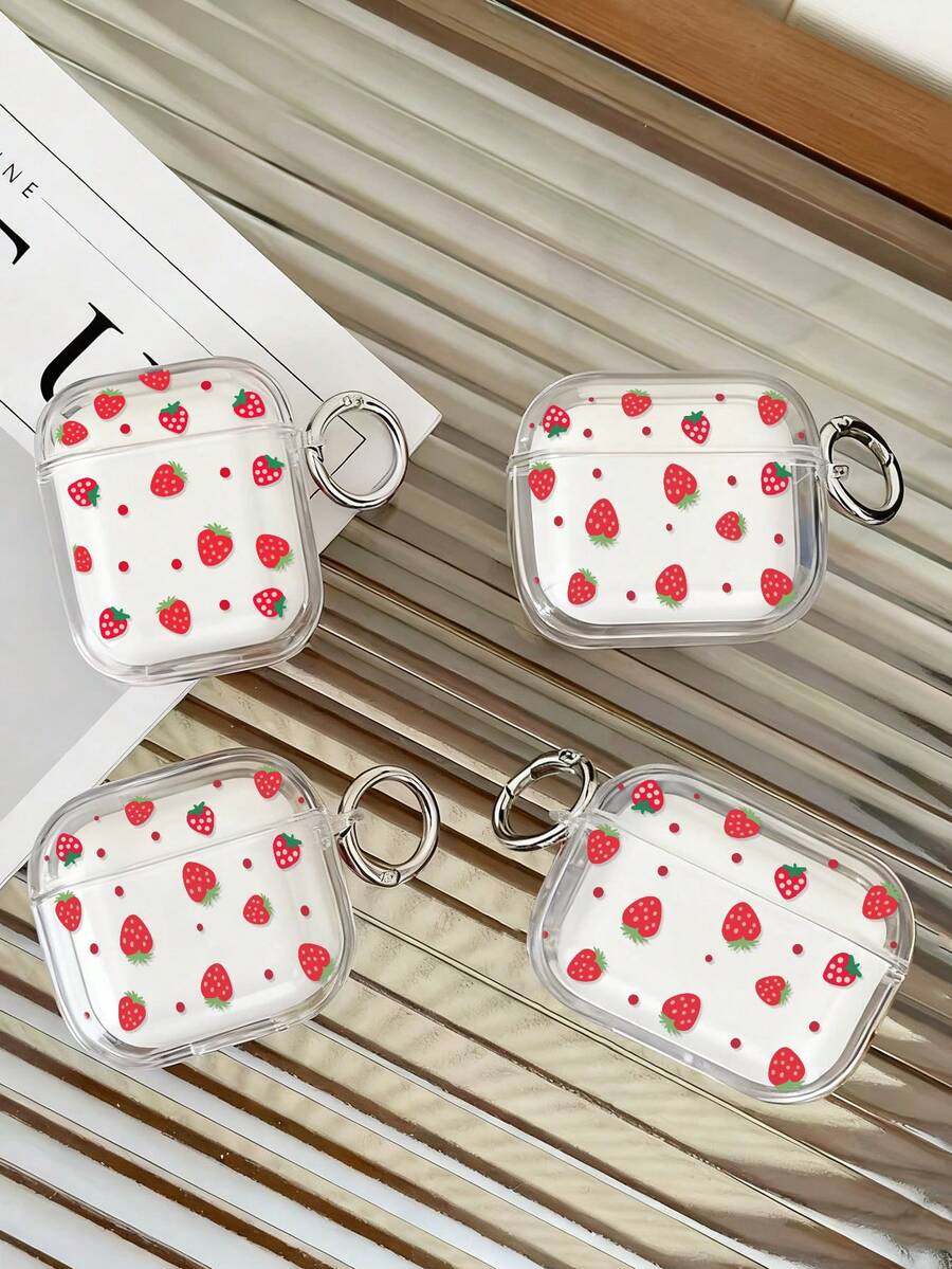 Strawberry Painted Transparent Earphone Case With Detachable Buttons, Fashion Bluetooth Headphone Protective Cover Compatible With AirPods, Pro, 3, Pro (2nd Gen), 1/2 - Multicolor - View 1