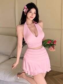 abyoxi 2pcs/Set Sexy Deep V-Neck Side Ruched Backless Camisole Top With Tie & Ruffle Hem Skirt/Shorts, Elegant Casual, Suitable For Young Fashionable Girls, New Women Outfit Summer - Light Pink - View 5