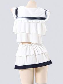 2-Pieces Sweet Women JK Style Uniform Maid Cosplay Costume With Thong Bow V-Neck Babydoll Sexy Lingerie Suits Mini Skirt - 白色 - 查看 5