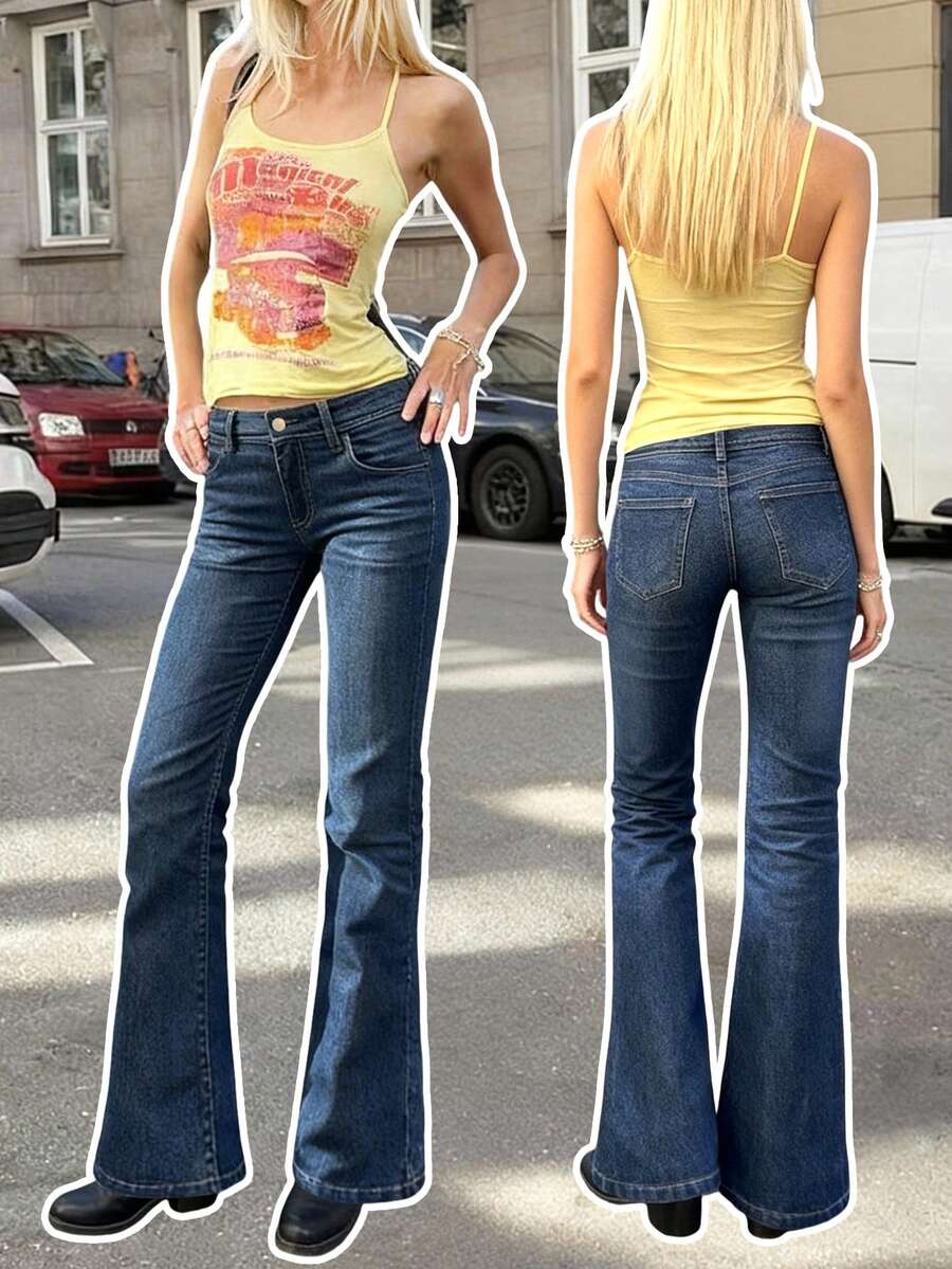 BLTN 新款女士春季 Y2K 风格修身休闲长款喇叭牛仔裤，带拉链、纽扣和口袋，中等弹力梭织面料，新年穿搭，情人节必备