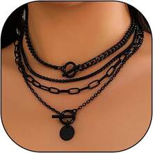In Stock Instant Delivery Gold Layered Stack Necklace Set Women, Retro Thick Cuban Chain Coin Medallion Pendant Necklace, Paperclip Chain Heart Clasp Choker Jewelry WFZK - 黑色 - 查看 1