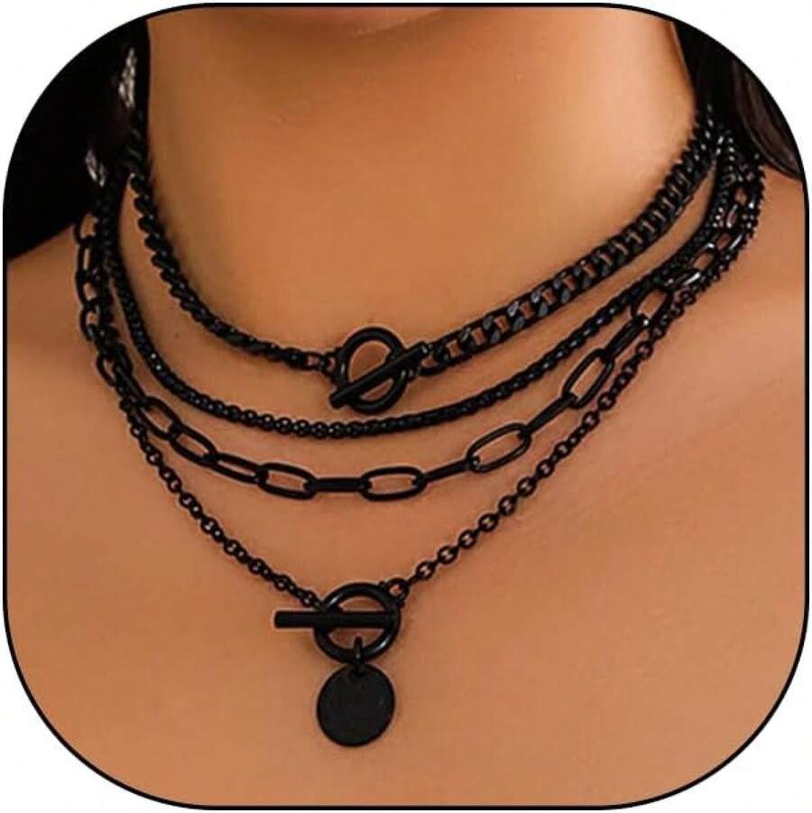 In Stock Instant Delivery Gold Layered Stack Necklace Set Women, Retro Thick Cuban Chain Coin Medallion Pendant Necklace, Paperclip Chain Heart Clasp Choker Jewelry WFZK - 黑色 - 查看 1