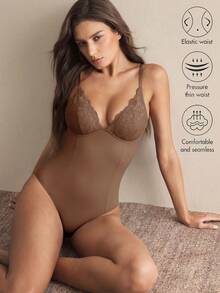 1pc Seamless Lace Deep V-Neck Shaping Bra, Effective Body Shaper Suitable For Weddings And Parties - Brown - View 4