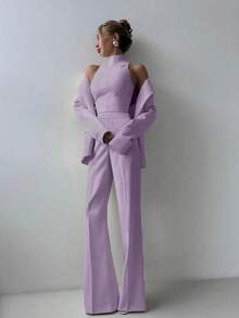 3pcs Women Solid Color Camisole Top, Jacket And Pants Set, Autumn/Winter Spring - Mauve Purple - View 1