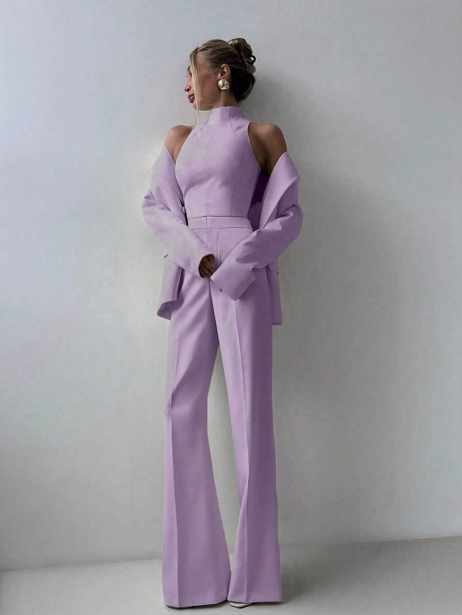 3pcs Women Solid Color Camisole Top, Jacket And Pants Set, Autumn/Winter Spring - Mauve Purple - View 1