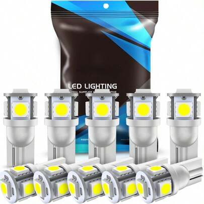 10 pièces Ampoule LED 194 6000K Wedge T10 LED 5 puces SMD 5050, 168 T10 2825 5 puces SMD DC 12V Ampoules de remplacement pour voiture Dôme Carte Porte Courtoisie Plaque d'immatriculation Lumières