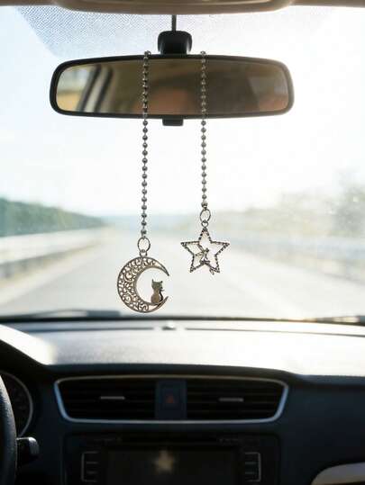 1pc Star Moon Cat Car Pendant Car Rearview Mirror Star Moon Pendant Car Interior Decoration Accessories Ramadan Gift