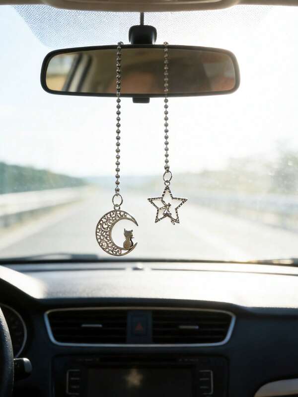 1pc Star Moon Cat Car Pendant Car Rearview Mirror Star Moon Pendant Car Interior Decoration Accessories Ramadan Gift