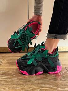 Women's Casual Sports Shoes, Spliced Wedge Platform Sports Shoes, Four-Season Outdoor Sports Running Shoes, And Women's Sports Shoes With Thick Platforms. - 綠色 - 查看 9