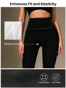 Solid Color, Leggings Seamless, High-Waist Athletic Compression Pants, Suitable For Outdoor Activities, Fitness Routines, And Sports, Machine Washable - Black - View 5