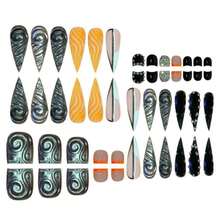 Orange French Tips Press On Toenails Orange Wave Press On Nails Long Stiletto False Nails With 3D Silver Swirl Design Rhinestone Fake Toenails Black Lines Fake Nails For Women Manicure 48Pcs - ColorJ - 查看 2