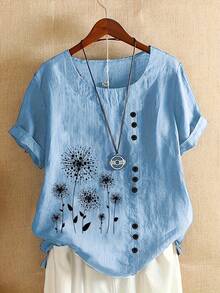 Plus Size, Summer Retro Floral Print Oversized Loose Short Sleeve Pullover Round Neck T-Shirt For Women - 深灰色 - 查看 12