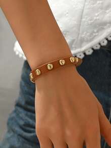 1pc Women's Punk Rivet PU Round Rivet Motorcycle Goth Y2K Adjustable Bracelet, Versatile For Daily Wear - Brown - View 3