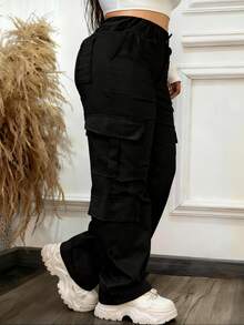 黑色纽扣口袋优雅休闲通勤简约可爱Y2K轻便大码工装裤，适合万圣节、教师节、毕业典礼、外出、度假、俱乐部、办公室、健身房、海滩、返校、生日派对、下午茶、旅行、乡村音乐节、机场、春季、夏季、秋季、冬季等各种场合。 - 黑色 - 查看 4