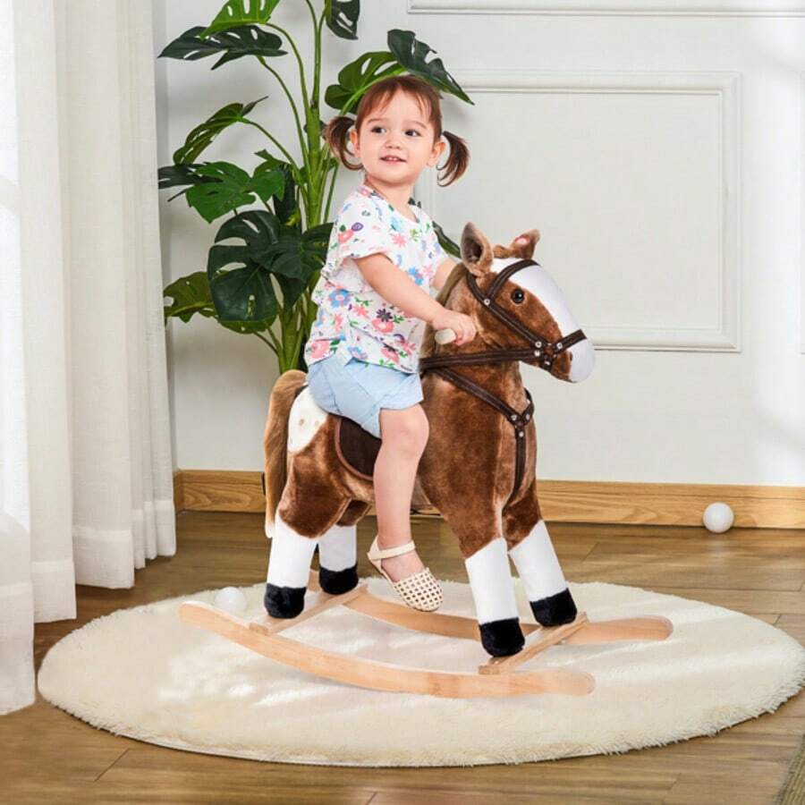 Children's Plush Rocking Horse, Brown And White Simulated Pony Solid Wood Rocking Board, Baby Balance Training Toy - màu nâu - Xem 1