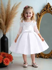 Baby Girls Lace Mid-Sleeve Embroidered Bow Satin Cute Flower Girl Wedding Dress, Suitable For Birthday Celebration, Vacation, Does Not Include Headband - White - View 1