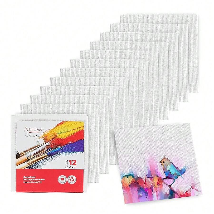 Small Canvases For Painting - Pack Of 12, 4 X 4 Inch Blank White Canvas Boards - 1OO% Cotton Art Panels Mini Canvas Bulk For Oil, Acrylic & Watercolor Small Painting Canvas - 4x4吋-12件裝 - 查看 1