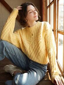 优雅女士秋冬时尚针织毛衣，加厚法式宽松套头衫，长袖圆领毛衣，返校季秋季穿搭，圣诞节，感恩节，新年时尚设计（图案随机） - 黃色 - 查看 9