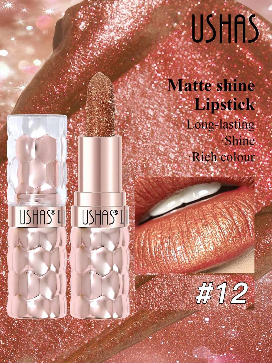 USHAS珠光唇膏，12种颜色可选，持久防水，不沾杯，珠光闪亮唇膏，打造光泽透亮双唇，适合所有肤色 - #12 - 查看 1