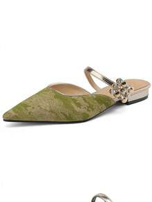 Giày mules nữ kiểu Trung Quốc mới, gót thấp đính pha lê, thời trang, phối màu xanh lá cây tương phản, gót dày, mũi nhọn, kiểu dáng slip-on. - màu xanh lá - Xem 6