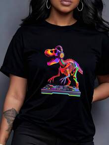 EDM DJ T Rex Dinosaur Spinning Records Techno Rave Music T Shirt - 黑色4 - 查看 3