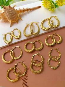 18pcs Women's Stainless Steel Earrings 18K Gold Plated Thick Small Hoop Earrings, Delicate Simple Open Hoop Earrings, Suitable For Women's Gifts - Gold - View 1