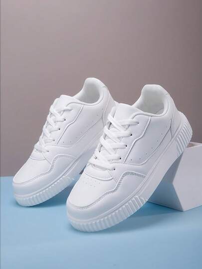 Men's Outdoor Fashion White Low-Top Thick-Sole Lace-Up Skate Shoes, Campus Style Casual Sports Sneakers