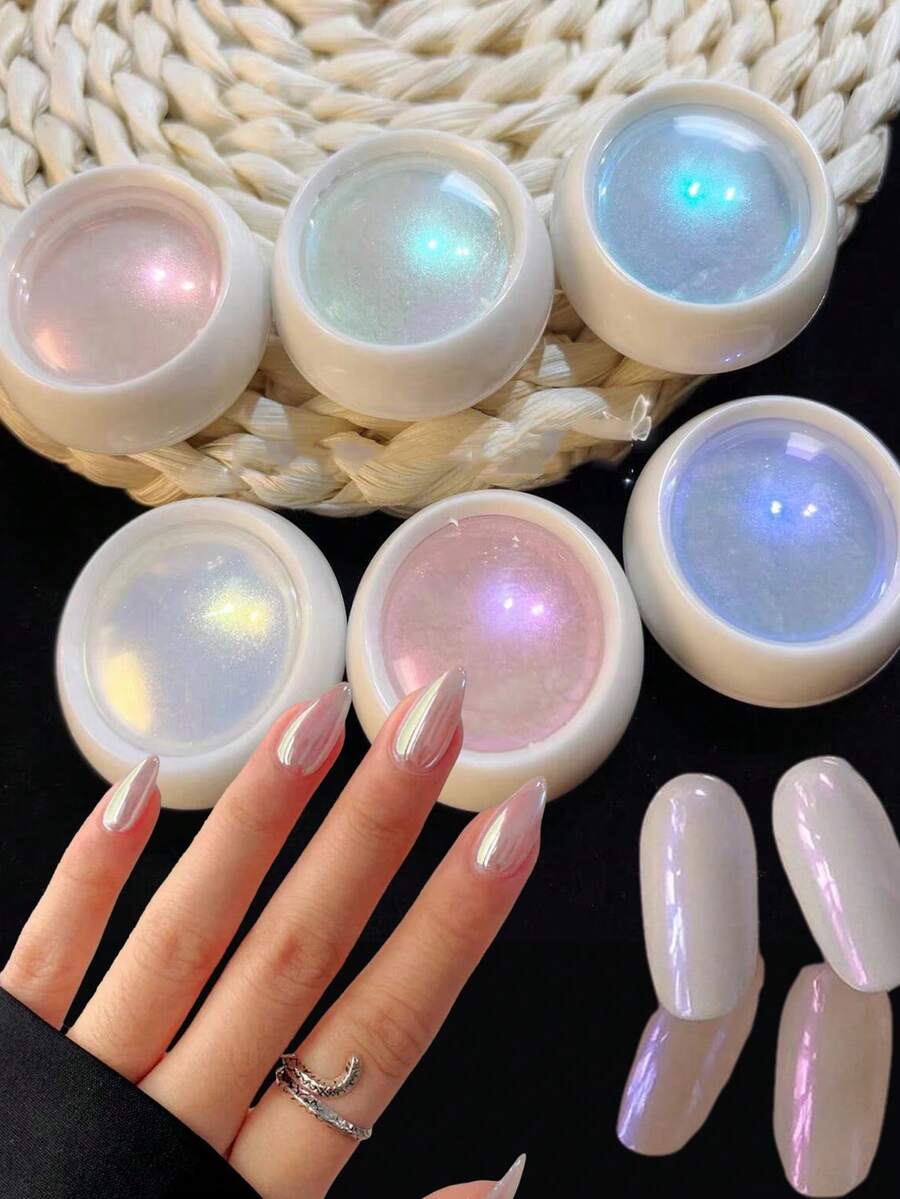 6件装Y2K全息独角兽激光美甲粉，极光彩虹霓虹美人鱼珍珠镜面变色龙反光闪粉美甲粉，带刷子，用于美甲装饰 - 彩色 - 查看 1