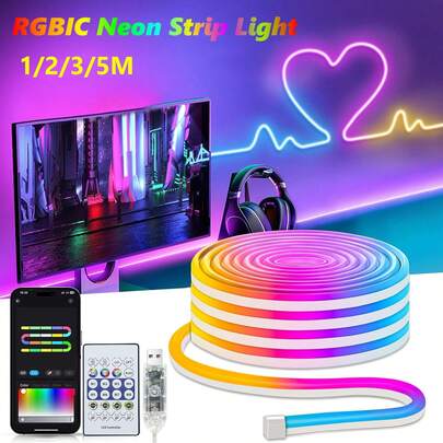 RGB IC Neon LED Light String, USB Neon Light Strip, Music Synchronized Smart Light String, 8 Modes, 1m/2m/3 Meters/5m Options, Waterproof Flexible Light Strip With Bluetooth Remote Control, Suitable For Bar, Bedroom, Kitchen, Living Room, Game Room, Outdoor Decoration, Also Applicable For Birthday Party, Camping, Halloween, Christmas Decoration