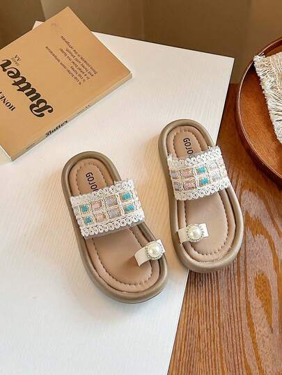 1 Pair Girls' Fresh Lace Trim Slippers, Pearl Decor Soft Non-Slip Toddler Sandals, Sweet Vacation Style Children Flip Flops