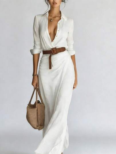 Plus-Size Dress - 2025 Women's Autumn Elegant And Sexy Pure Color Irregular Pleated Dress With Belt