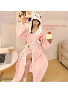 Sanrio 可爱毛绒浴袍 - Hello Kitty & My Melody 女士毛绒浴袍 | 带帽速干浴袍，柔软法兰绒面料，保暖冬季家居服，粉白蓬松设计，舒适家居服，俏皮卡通风格，柔软材质