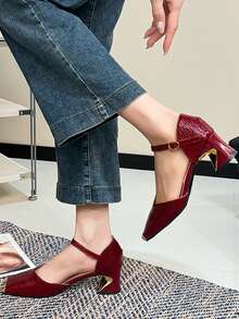 Square Toe Studded Mary Jane Shoes, Versatile Buckle Strap Black High Heels, Fashionable Sexy Slingback Red Patent Leather Chunky Heels For Women - Red - View 16